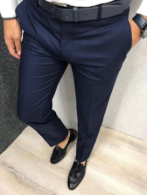 Solid Men Black Polyester Formal Trousers Regular Fit