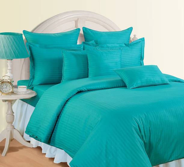 SWAYAM Cotton Double Fitted (Elastic) 350 TC Striped 1 Bedsheet with 2 Pillow Covers