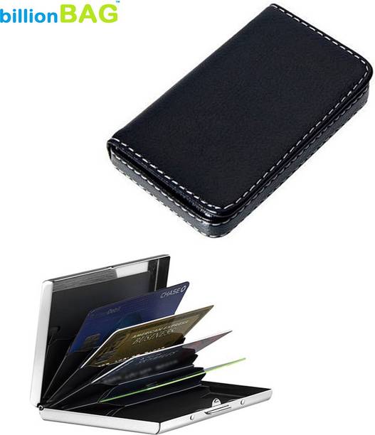 billionBAG Steel Plain Waterproof Business ATM & Soft Black Leather Aluminium Silver Visiting 6 Card Holder