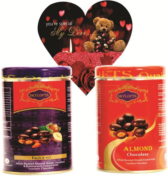 Skylofts Coated Nuts Tin Packs with valentines love heart Bars