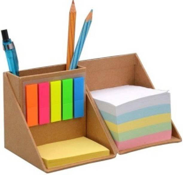 Weltbild 3 Compartments Card Board Pen Stand With Sticky Notes