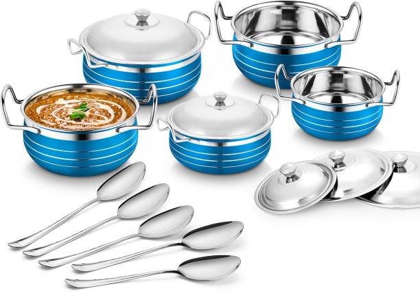 Classic Essentials Blue Colour Cooking and Serving Biryani Handi set of 5Pcs with 5 steel Lid Induction Bottom Cookware Set