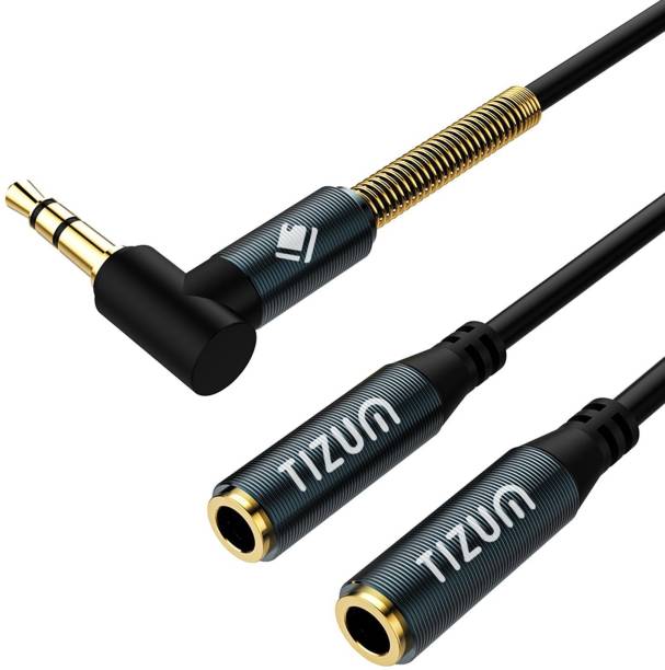 Tizum Grey 3.5mm Audio Splitter-X2 Female Aux Jack, Premium Gold Plated Right Angle Connector with Spring Jacket Phone Converter