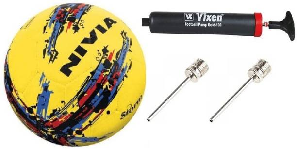 NIVIA Combo of 3, Storm Football (yellow) Size-5, Vixen Pump, and Needle Football - Size: 5