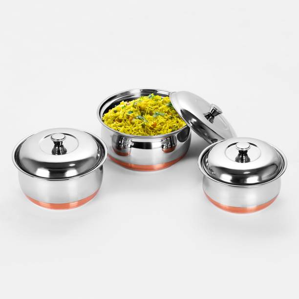 Sumeet 3pc Set of Stainless Steel Copper Bottom Multipurpose Cook & Serve Handi With Lid कुकवेयर सेट