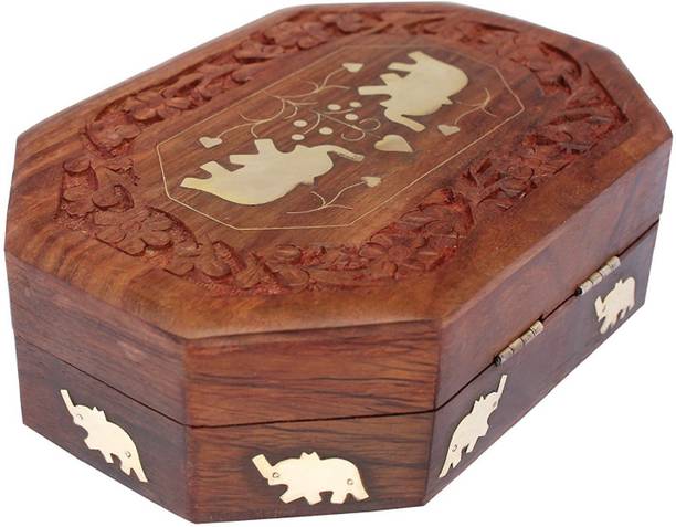 Aarna Handmade Wooden Jewellery Box Octagonal Handcrafted Elephant Brass Inlay & Wood Carvings Wooden Jewellery Box Vanity Box