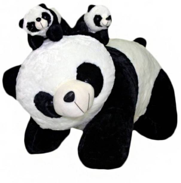 Teddy Multicolor Soft Panda With Two Baby - 35 cm (Black, White)  - 35 cm