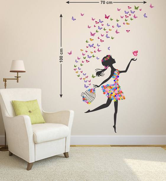 Aquire 100 cm Wall Stickers Dreamy Girl with Flying Colorful Butterflies Self Adhesive Sticker