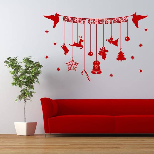 Asian Paints 0 cm Merry Christmas Banner with Hanging Decoration Ornaments Wallsticker(PVC,Vinyl 76.20cm*30.48cm Red) Removable Sticker