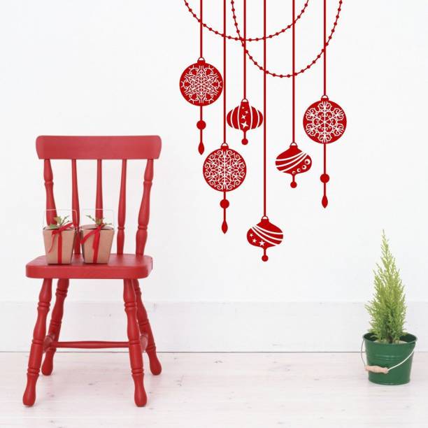 Asian Paints 0 cm Decorative Hanging Baubles Wallsticker(PVC,Vinyl 76.20cm*26.67cm Red) Removable Sticker