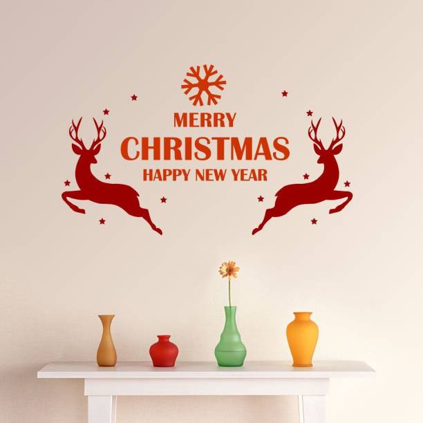 Asian Paints 0 cm Merry Christmas and Happy New Year with Reindeer Wallsticker(PVC,Vinyl 76.20cm*30.48cm, Maroon) Removable Sticker