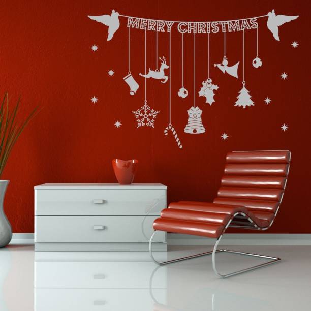 Asian Paints 0 cm Hanging Merry Christmas banner with Decoration Ornaments Wallsticker(PVC,Vinyl 76.20cm*30.48cm White) Removable Sticker