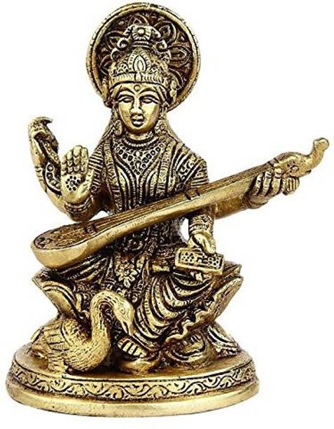 Skywalk Metal Brass Goddess Saraswati Religious Idol Figurine Hindu God Sculpture Decorative Showpiece  -  12 cm