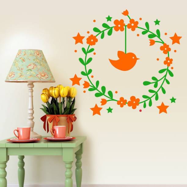 Asian Paints 0 cm Little hanging bird and a Wreath Surrounded by Stars Wallsticker(PVC,Vinyl 76.20cm*30.48cm Orange&Green) Removable Sticker
