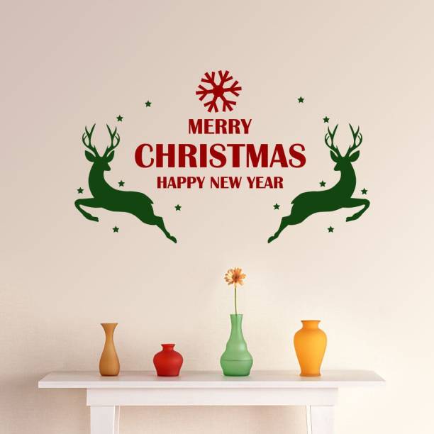 Asian Paints 0 cm MERRY CHRISTMAS AND HAPPY NEW YEAR with Galloping Reindeers on Side Wallsticker(PVC, Vinyl 76.20cm*30.48cm, Maroon&Green) Removable Sticker