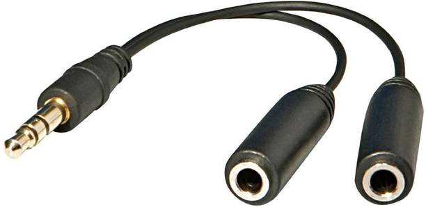 FOX MICRO Black 3.5mm Stereo Headset Splitter, Male to Dual Female, Stereo Headphone Jack Flat Cable Adapter For iPhone iPad itouch External Speaker-(SET OF 2 CABLE)-FM Phone Converter
