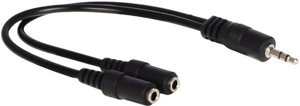 FOX MICRO Black Pro Series Y Stereo Splitter - 1 x 3.5mm Male To 2 x 3.5mm Female - Y Cable Splitter Produces Equal Audio Output for Headphones, Earphones, and Speakers (0.5ft, Black)-(SET OF 2 JACK CABLES)-FM Phone Converter