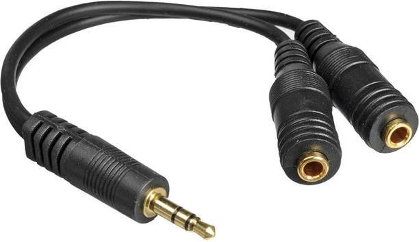 FOX MICRO Black Audio Splitter Cable, Nylon Braided 3.5mm Male to 3.5mm Dual Female Stereo Audio Headset Y Splitter Cable,AUX Headphone Jack Adapter,Gold Plated Earphone Plug.(25mm)-(SET OF 2 JACK CABLES)-FM Phone Converter