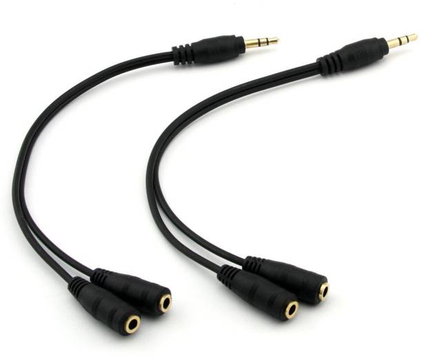 FOX MICRO Black 3.5mm Stereo Jack Y Splitter Cable Adapter Audio Auxiliary Cable 1 x Male to 2 x Female Connectors (Gold Plated)- Black(PACK OF 2 JACK CABLE )-FM Phone Converter