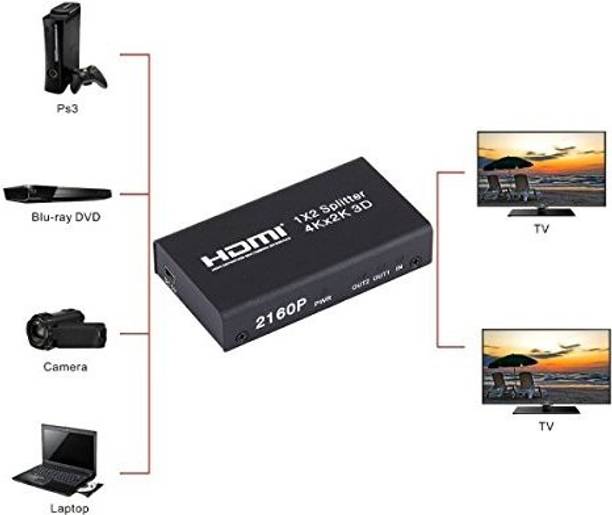microware 1x2 2 Ports HDMI Splitter with 4K 1080p Full HDTV & 3D Support, Metal Box Black 1 In 2 Out Ver 1. 4 Certified Media Streaming Device