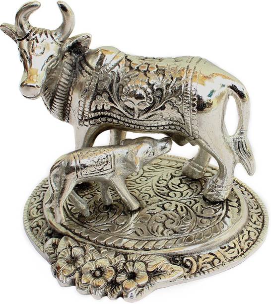 SRI LALIT ARTS Oxidized White Silver Metal Religious Cow AND CALF HOME DECOR MOTHER WITH BABY CALF . APERFECT GIFT FOR WEDDING,BIRTHDAY GIFTS RETURN GIFTS AND A PERFECT GIFT FOR MOTHERS . Decorative Showpiece  -  10 cm