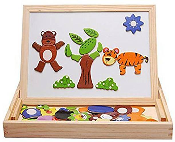 Pepperonz Magnetic Board Wooden Educational Animal Puzzle Toys Games Dry Erase Board Chalkboard Easel for Kids Imagination