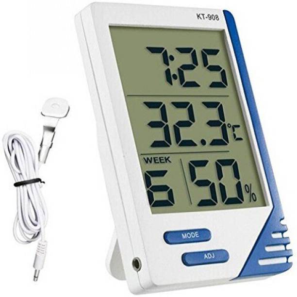MCP Electronic Thermo Hygro Large Big Screen Indoor Outdoor Temp LCD Display Humidity Meter Tester Tool Temperature Alarm Clock Time with External Probe Sensor Digital Digital Hygrometer Maxima Minima KT-908 Thermometer