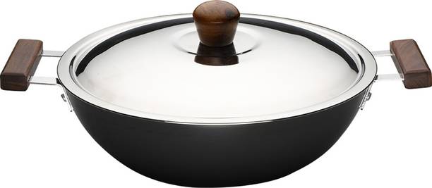 WONDERCHEF Ebony Hard Anodized Wok with Lid 24cm कढ़ाही 24 cm ढक्कन के साथ