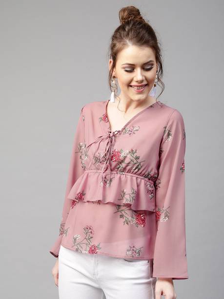 Casual Bell Sleeves Floral Print Women Red, Pink Top