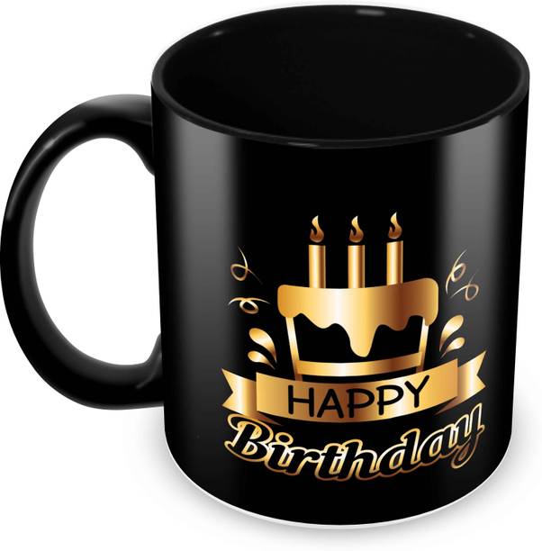 Tuelip Printed Happy Birthday Gold Tea & Coffee (350 ml) सिरेमिक मग