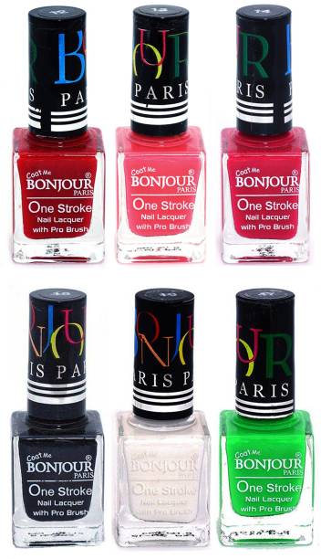 BONJOUR PARIS Candy Color Long Lasting Nail paint For Teen Girls Women Nail Polish set A 197 Red-Light Pink-Pink-Black-White-Neon Green