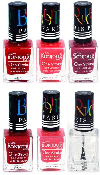 BONJOUR PARIS Candy Color Long Lasting Nail paint For Teen Girls Women Nail Polish set A 124 Red-Pink-Mauve-Red-Light Pink-Top coat