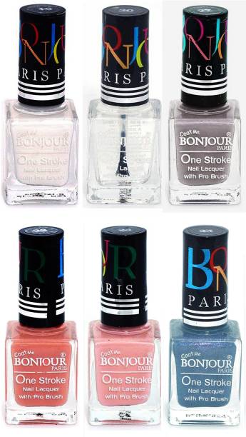 BONJOUR PARIS Candy Color Long Lasting Nail paint For Teen Girls Women Nail Polish set A 254 White-Top coat-Light Gray-Nude-Nude-Sky Blue
