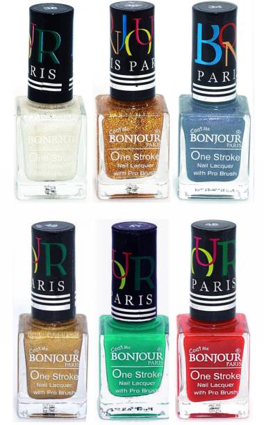 BONJOUR PARIS Candy Color Long Lasting Nail paint For Teen Girls Women Nail Polish set A 342 White-Golden-Sky Blue-Golden-Green-Red