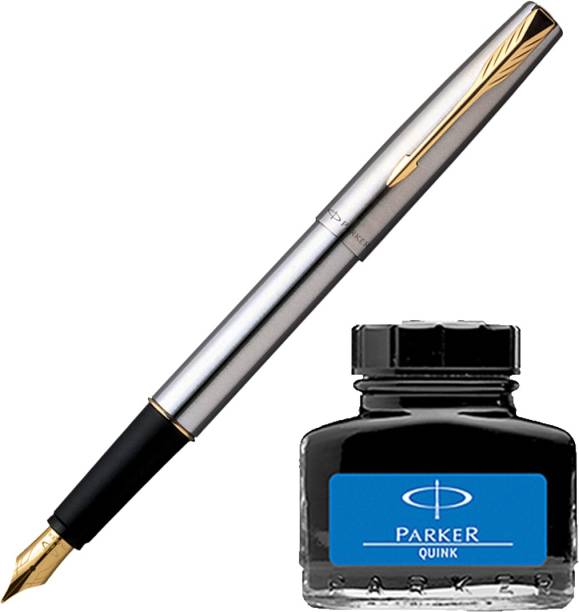 PARKER Frontier Stainless Steel GT Fountain Pen with Blue Quink Ink Bottle