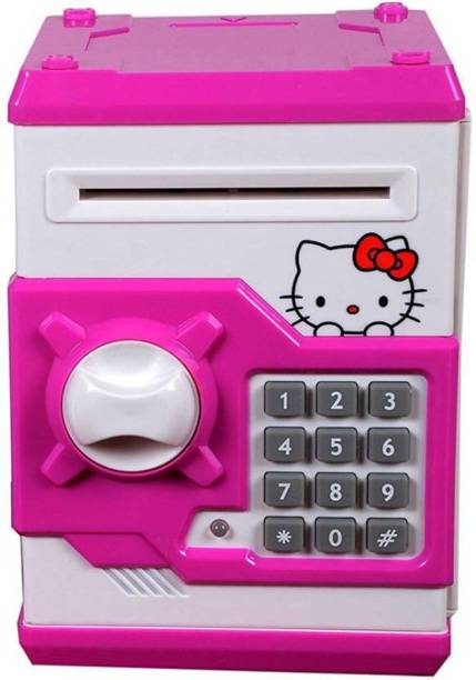 Indo Hello Kitty Shape Money Safe Kids Piggy Savings with Electronic Lock ATM Bank | Latest Money Safe Kids Piggy Savings with Electronic Lock ATM Bank | Mini Electric secret password safe ATM piggy Bank Money Safe deposit Box toy (Hello Kitty) Coin Bank Coin Bank