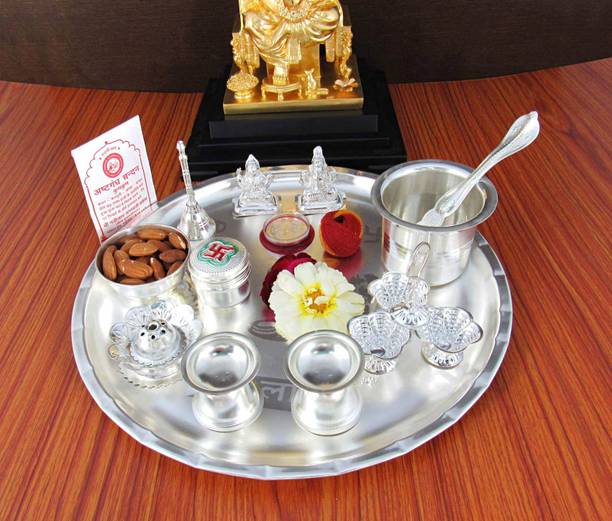 GoldGiftIdeas 12 Inch Archana Pooja Thali Set Silver Plated