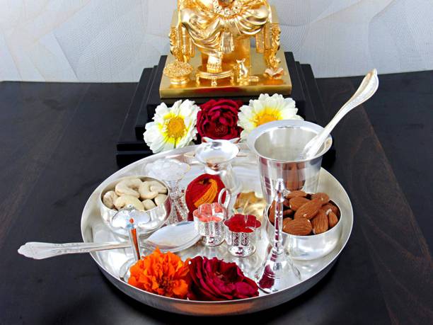 GoldGiftIdeas 8 Inch Mangalmay Pooja Thali Set Silver Plated