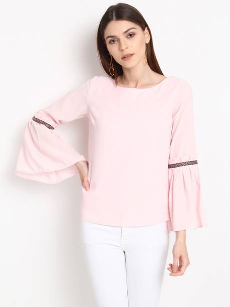 RARE Casual Bell Sleeves Solid Women Pink Top