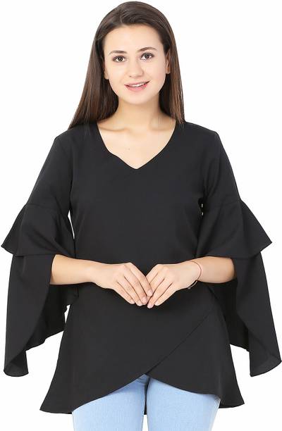 FORELEVY Casual Butterfly Sleeve Solid Women Black Top