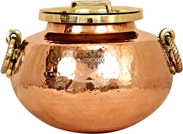 IndianArtVilla Steel Copper Hammered Chafing Dish with Brass Lid Round Chafing Dish