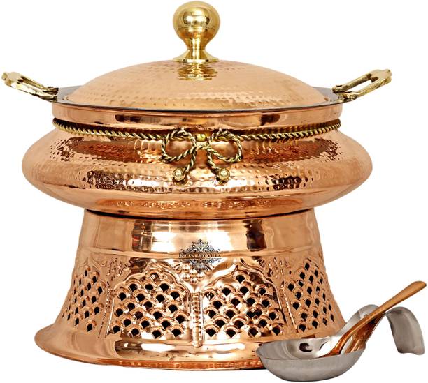 IndianArtVilla Steel Copper Hammered Chafing Dish with Stand & Serving Spoon, 6 Ltr. Round Chafing Dish