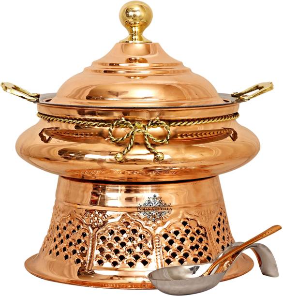 IndianArtVilla Steel Copper Chafing Dish with Stand & Serving Spoon, 6 Ltr. Round Chafing Dish