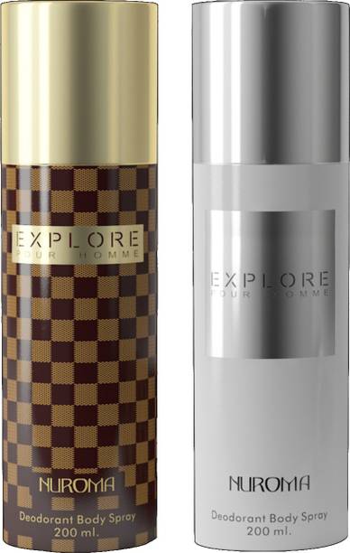 NUROMA EXPLORE POUR HOMME BROWN & EXPLORA POUR HOMME WHITE DEODORANT BODY SPRAY LONG LASTING 200ML+200ML PACK OF 2 PC Deodorant Spray  -  For Men & Women
