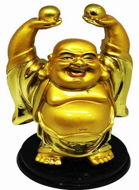 Antras Creations Golden Laughing Buddha with Fruit plate & Money above head for Wealth and happiness/Home d�cor/Vastu/Gifts Decorative Showpiece  -  11 cm