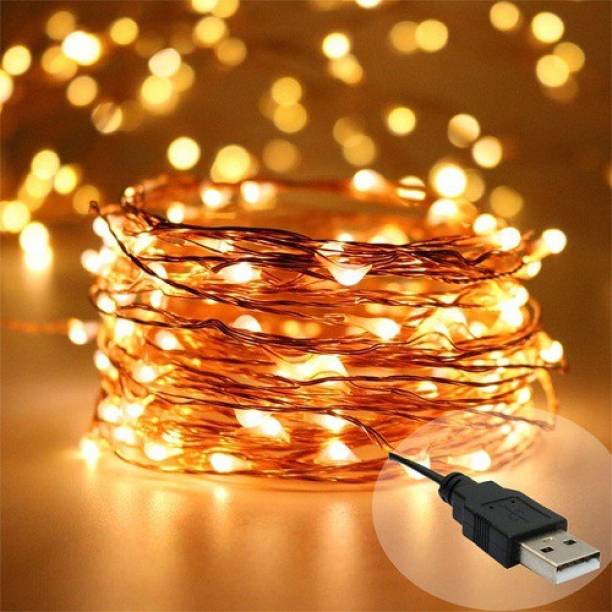 Copper String LED light 10 MTR 100 LED USB Operated Decorative Lights 100 LEDs 10 m Yellow Rice Lights