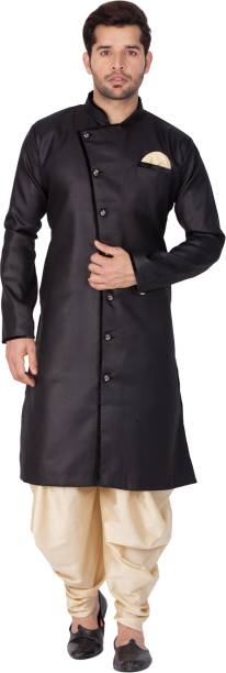 VM VM by Vastramay Men's Black Cotton Blend Sherwani Set Self Design Sherwani