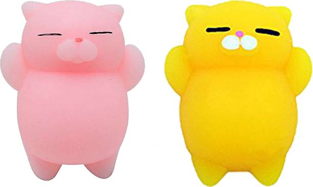 AJI 2Pcs Kawaii Slow Rising Squishy Squeezen Cute Cats Mini Fidget Toy Stress Reliever Kids Toy Gift (Pink and Yellow) Bath Toy