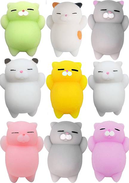 AJI Kawaii Slow Rising Squishy Squeezen Cute Cats Mini Fidget Toy Stress Reliever Kids Toy Gift Pack of 9 with Multicolor Bath Toy