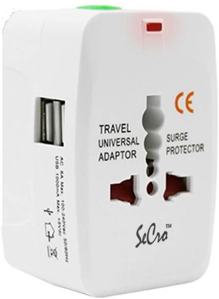 SeCro Universal Travel Adapter With Built In Dual USB Charger Ports With 100-240V Surge Protected Electrical Plug Worldwide Adaptor